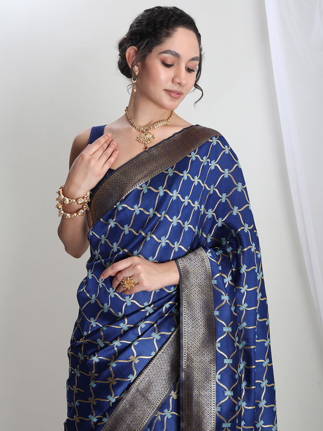 Janasya Blue Silk Blend Ethnic Printed Jacquard Saree - Distacart