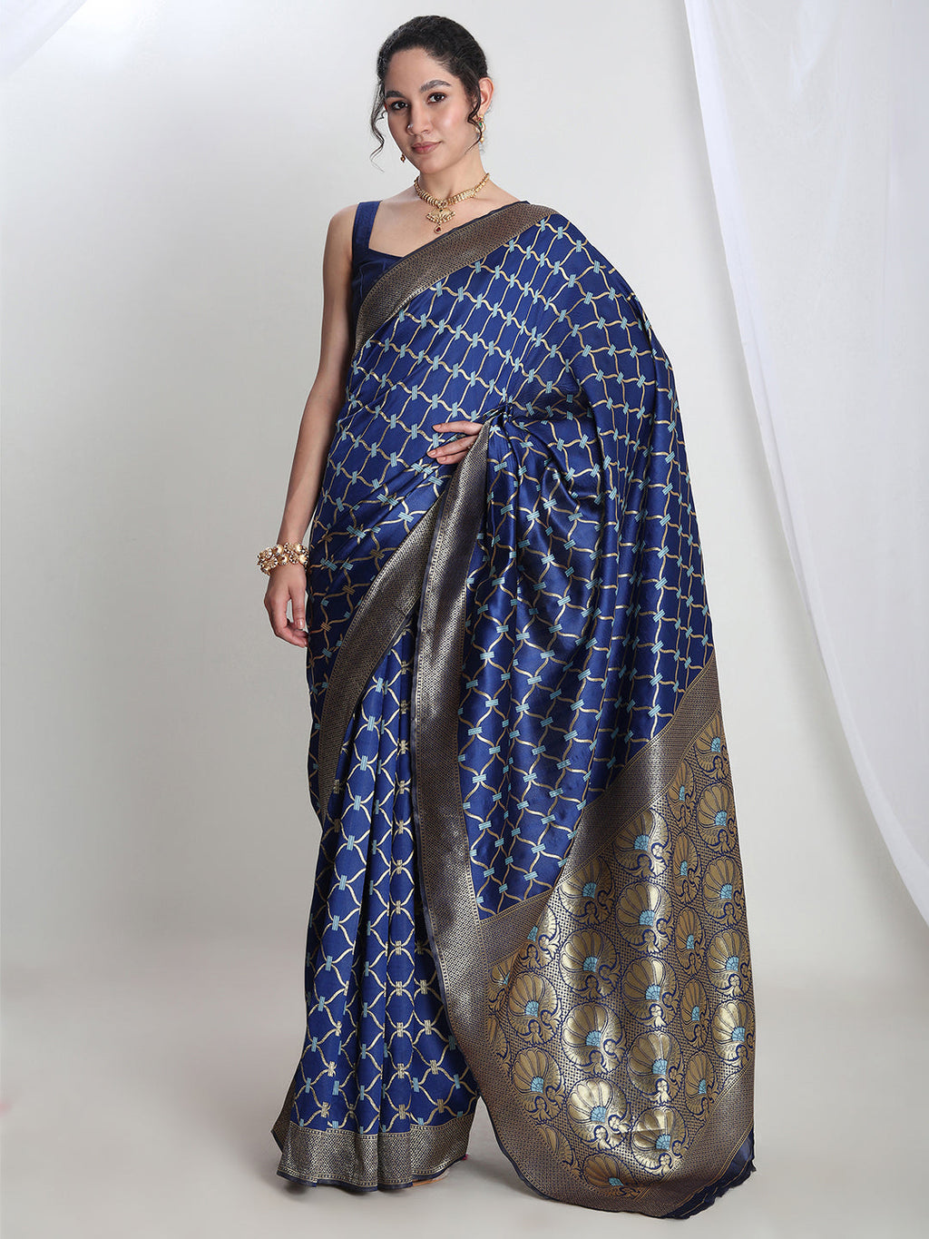 Janasya Blue Silk Blend Ethnic Printed Jacquard Saree - Distacart