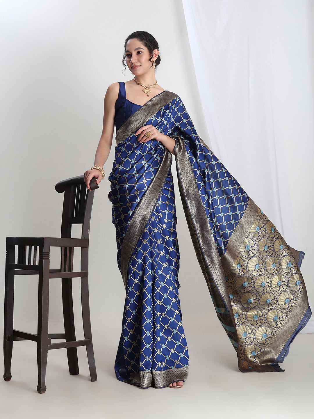 Janasya Blue Silk Blend Ethnic Printed Jacquard Saree - Distacart