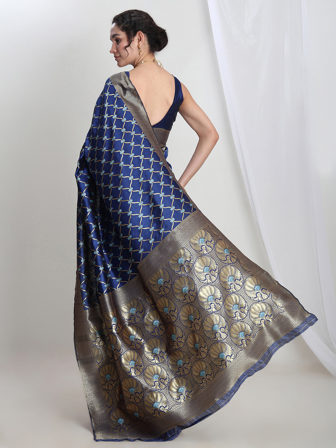 Janasya Blue Silk Blend Ethnic Printed Jacquard Saree - Distacart