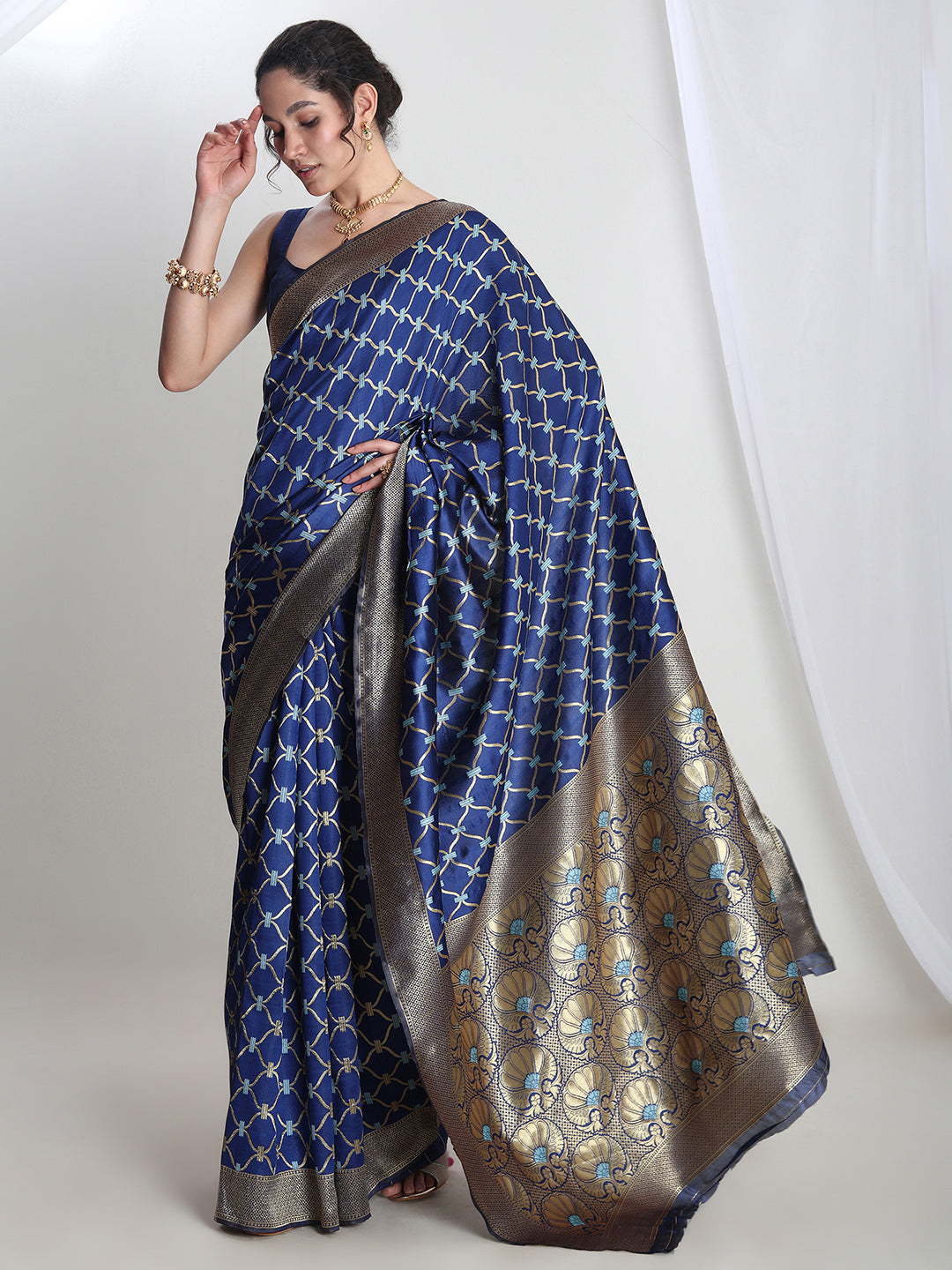 Janasya Blue Silk Blend Ethnic Printed Jacquard Saree - Distacart