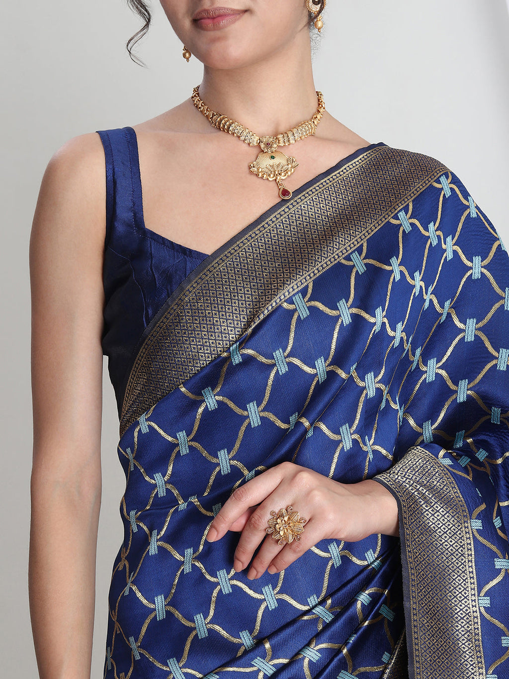 Janasya Blue Silk Blend Ethnic Printed Jacquard Saree - Distacart