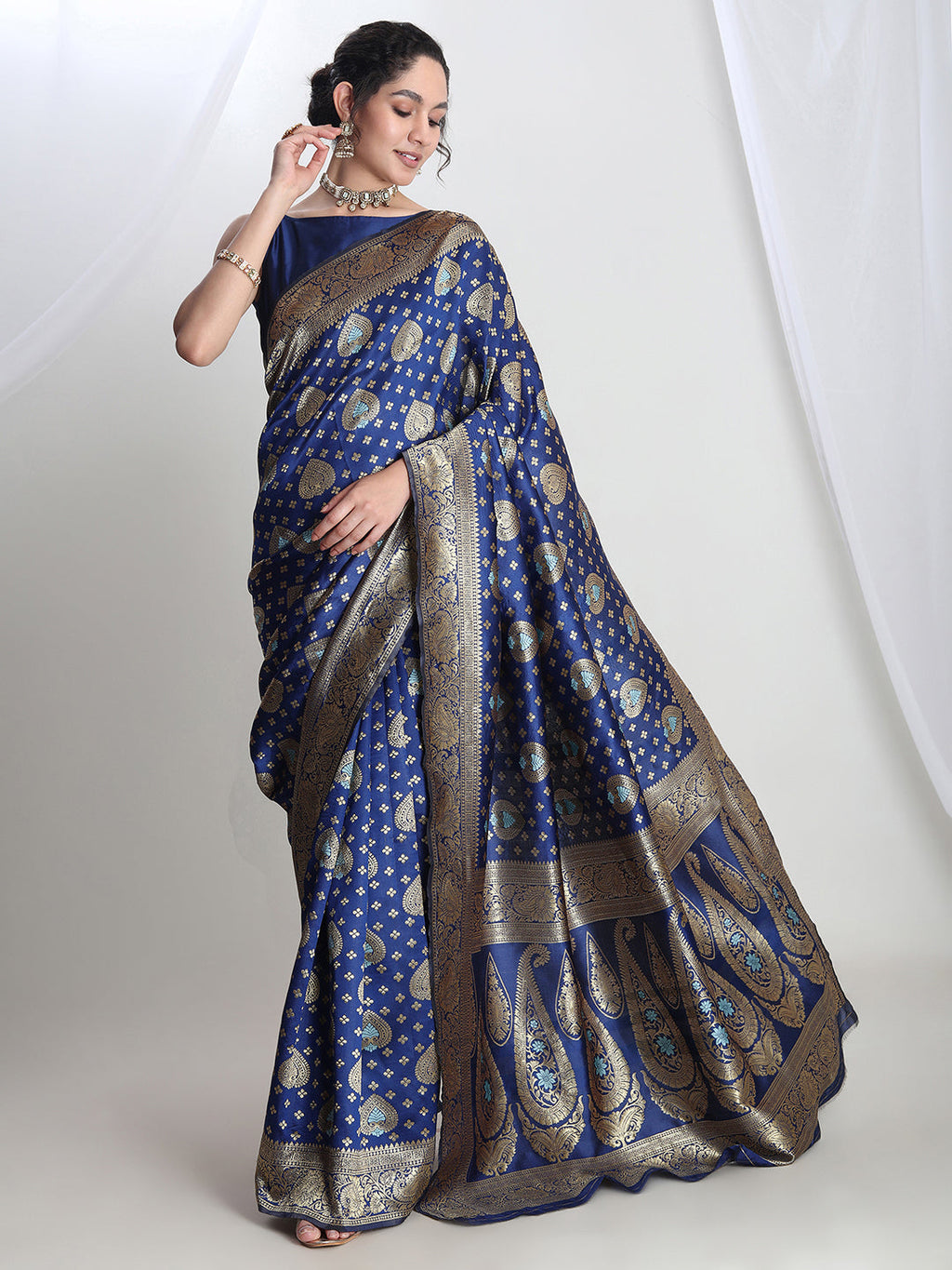 Janasya Blue Silk Blend Ethnic Motifs Jacquard Saree - Distacart
