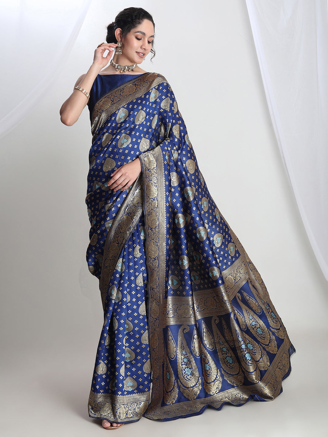Janasya Blue Silk Blend Ethnic Motifs Jacquard Saree - Distacart