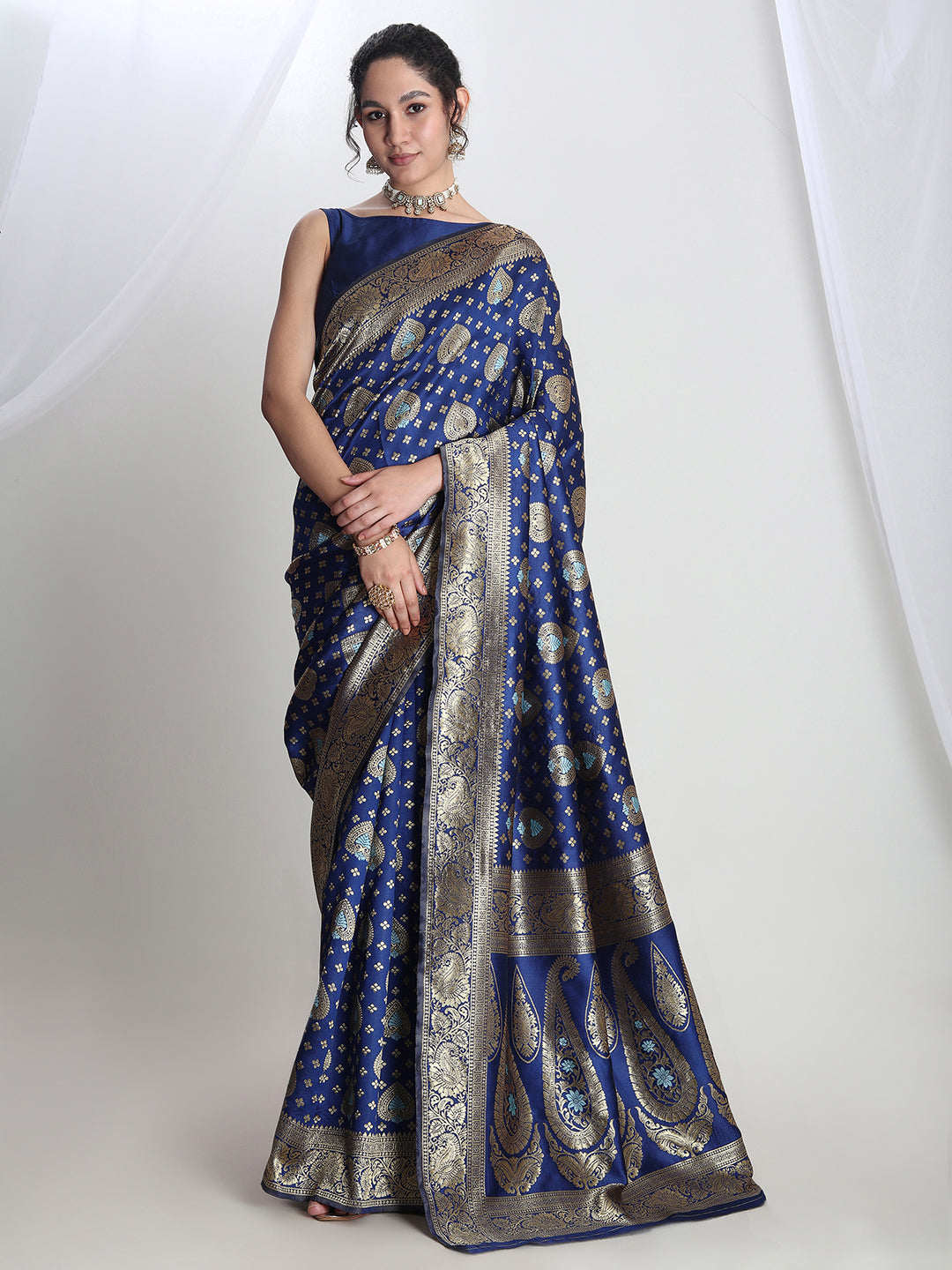 Janasya Blue Silk Blend Ethnic Motifs Jacquard Saree - Distacart