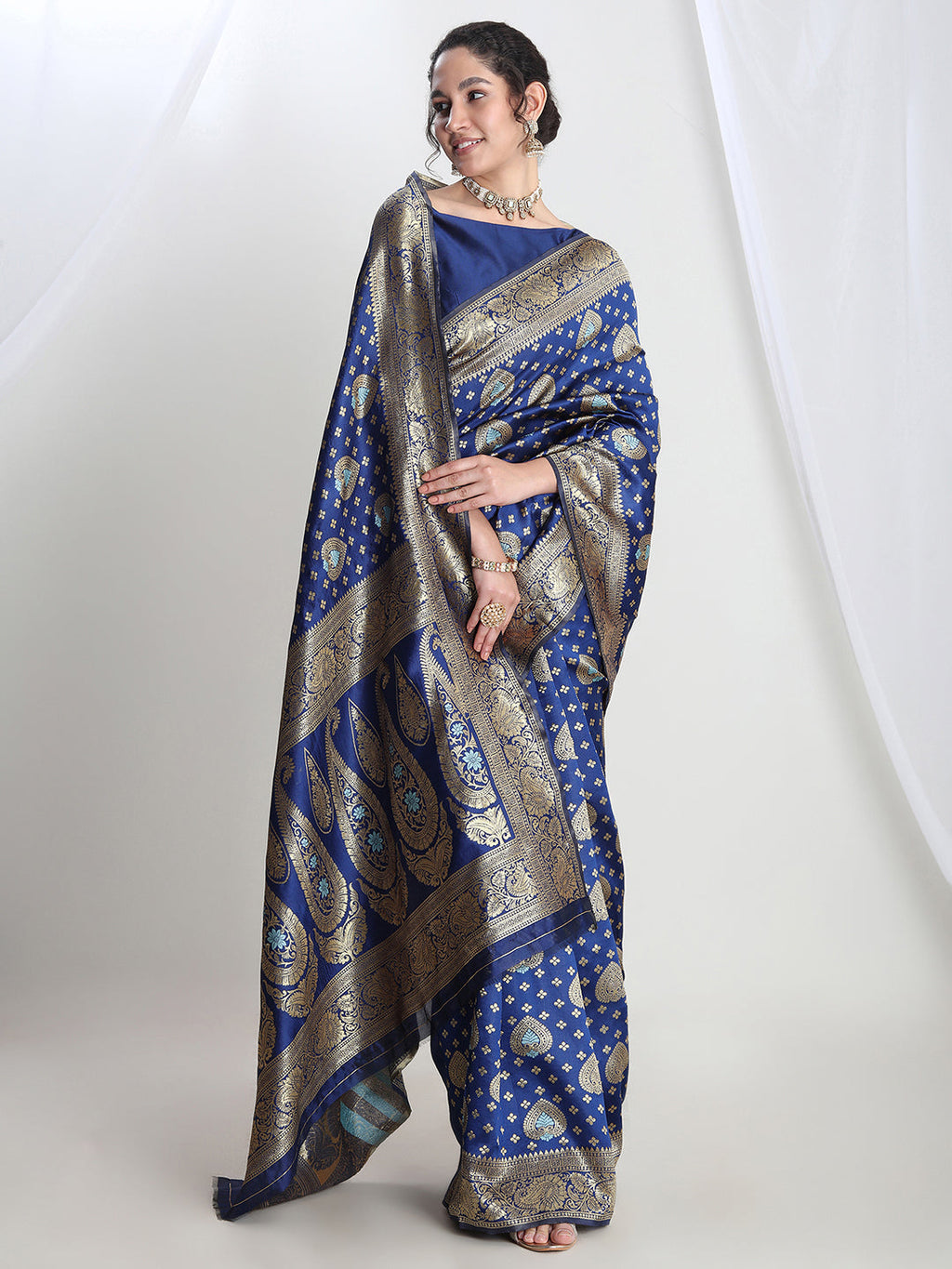 Janasya Blue Silk Blend Ethnic Motifs Jacquard Saree - Distacart