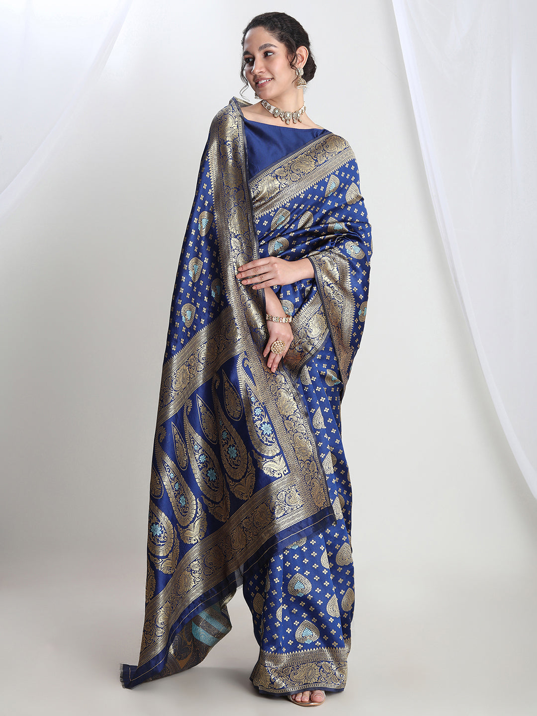 Janasya Blue Silk Blend Ethnic Motifs Jacquard Saree - Distacart