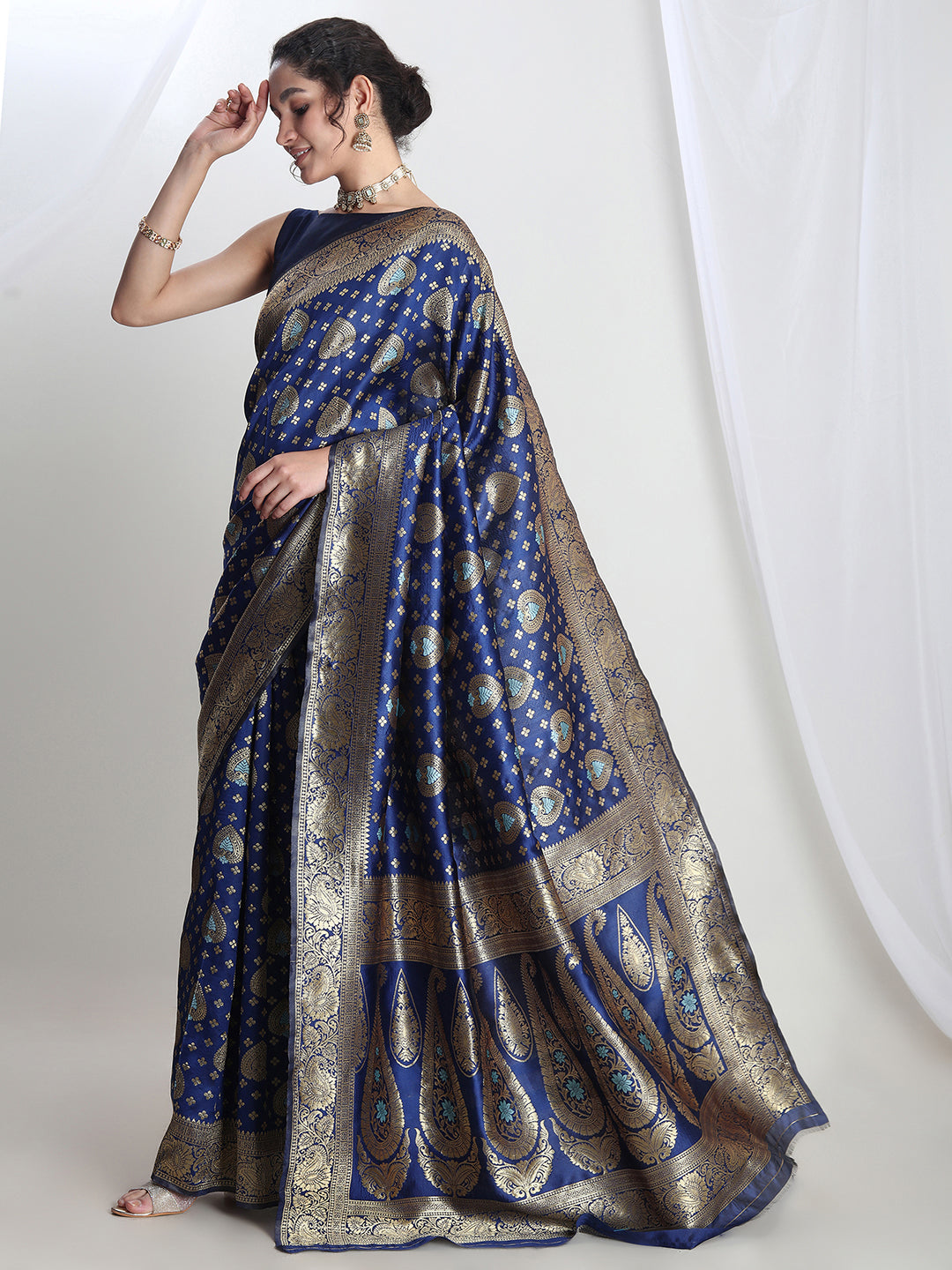 Janasya Blue Silk Blend Ethnic Motifs Jacquard Saree - Distacart