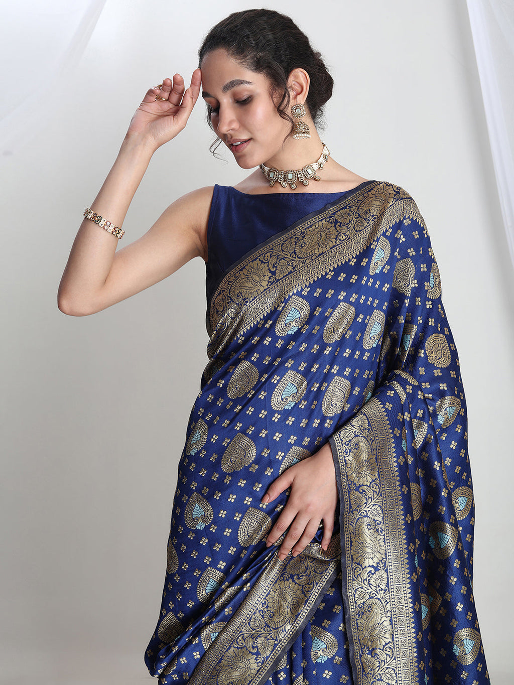 Janasya Blue Silk Blend Ethnic Motifs Jacquard Saree - Distacart