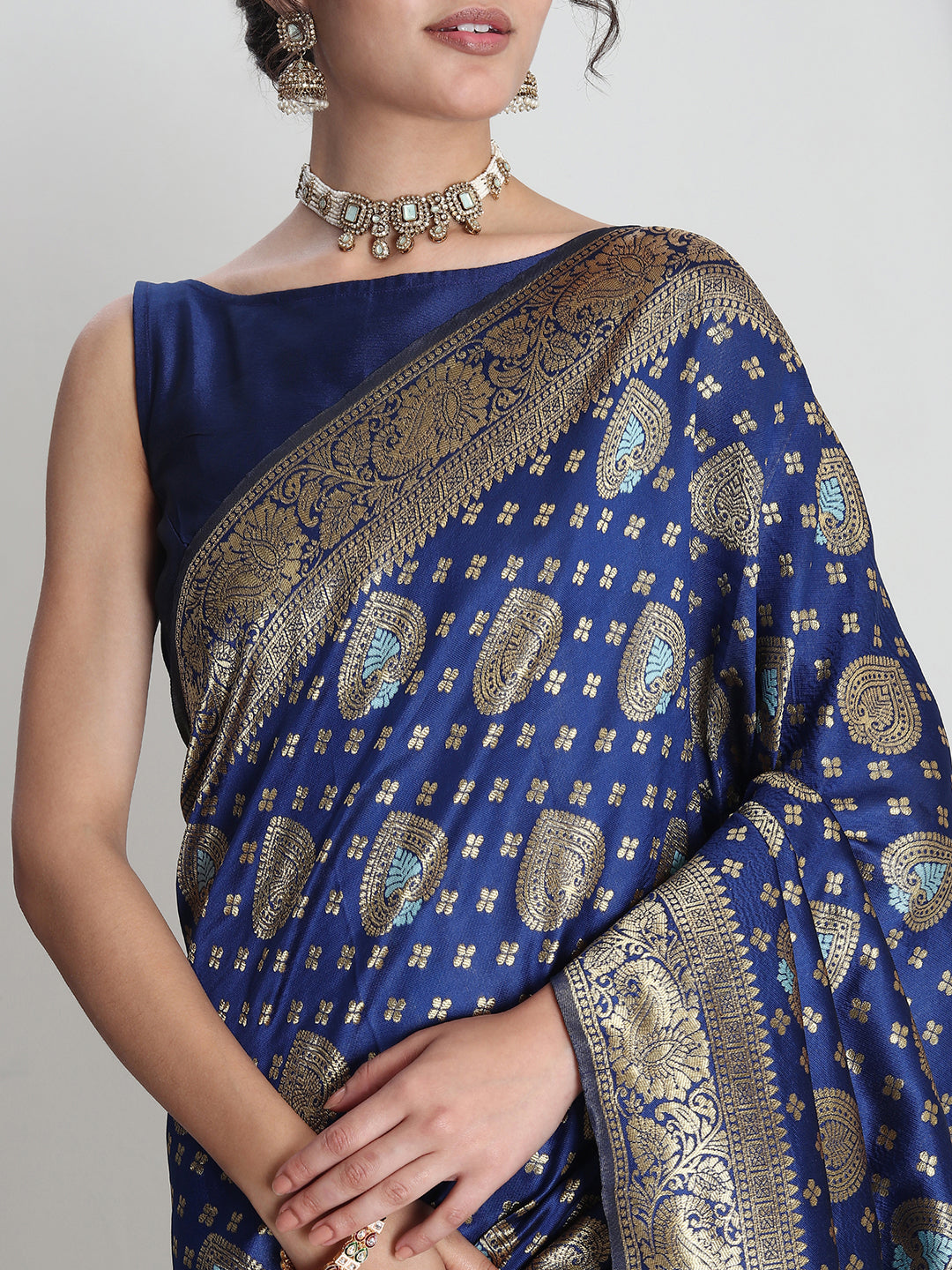 Janasya Blue Silk Blend Ethnic Motifs Jacquard Saree - Distacart