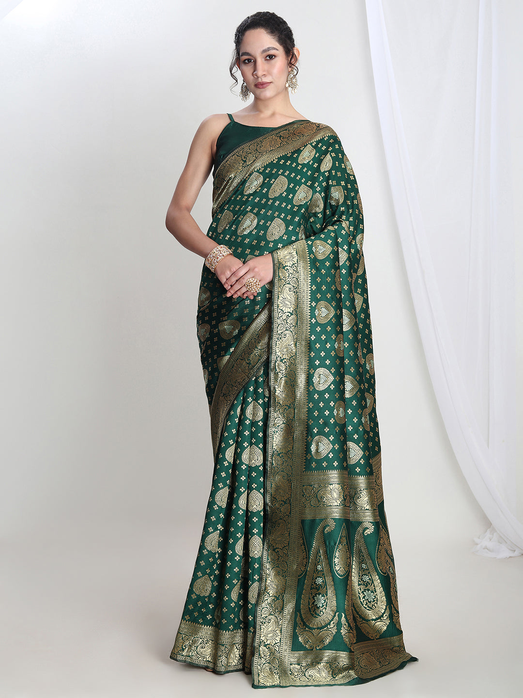 Janasya Green Silk Blend Ethnic Motifs Jacquard Saree - Distacart