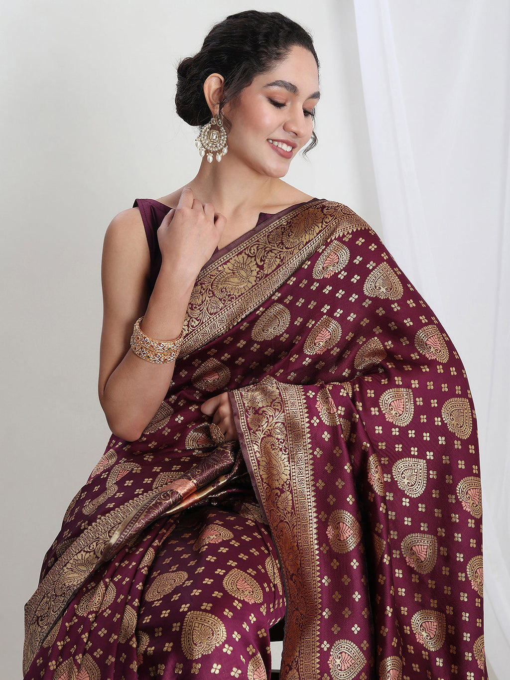 Janasya Purple Silk Blend Ethnic Motifs Jacquard Saree - Distacart