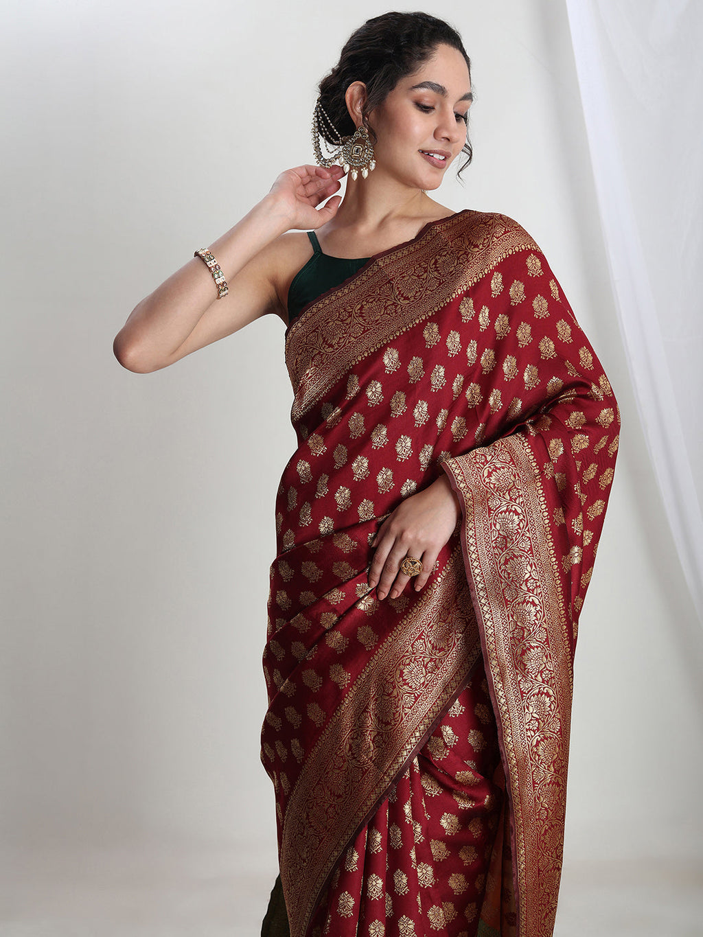 Janasya Maroon Silk Blend Ethnic Motifs Jacquard Saree - Distacart