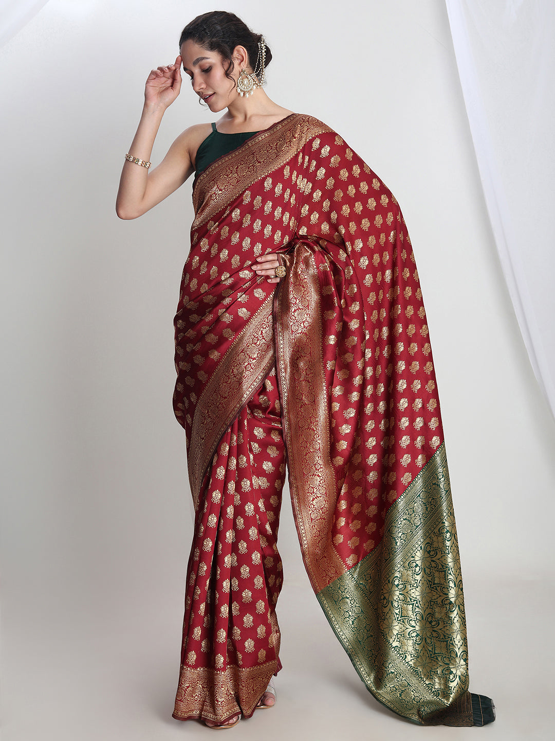 Janasya Maroon Silk Blend Ethnic Motifs Jacquard Saree - Distacart
