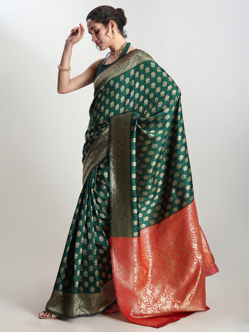 Janasya Dark Green Silk Blend Ethnic Motifs Jacquard Saree - Distacart