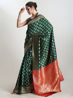 Janasya Dark Green Silk Blend Ethnic Motifs Jacquard Saree - Distacart