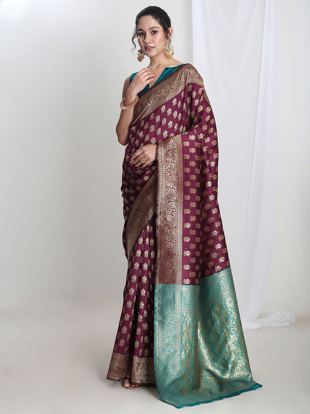 Janasya Purple Silk Blend Ethnic Motifs Jacquard Saree - Distacart