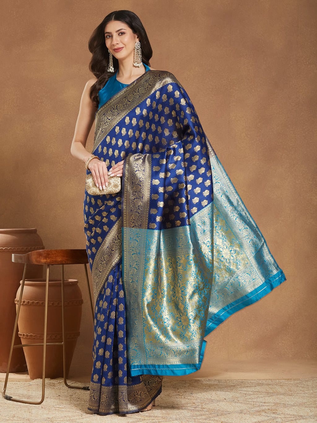 Janasya Blue Silk Blend Ethnic Motifs Banarasi Jacquard Saree - Distacart