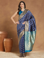 Janasya Blue Silk Blend Ethnic Motifs Banarasi Jacquard Saree - Distacart
