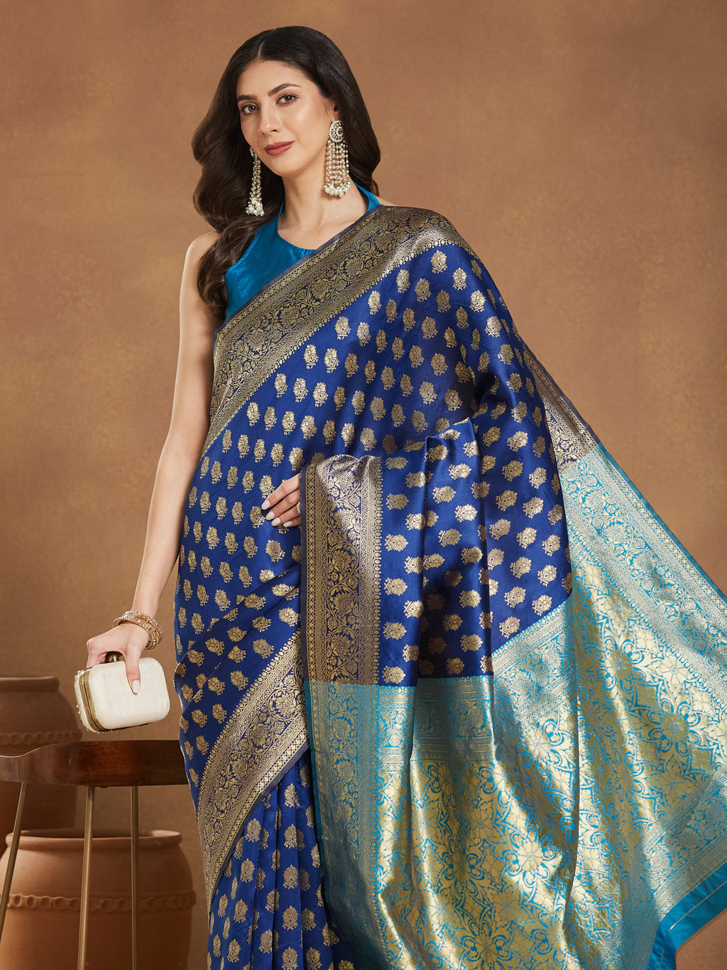 Janasya Blue Silk Blend Ethnic Motifs Banarasi Jacquard Saree - Distacart