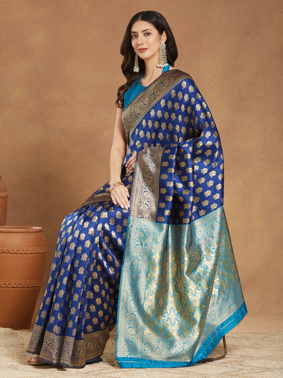 Janasya Blue Silk Blend Ethnic Motifs Banarasi Jacquard Saree - Distacart