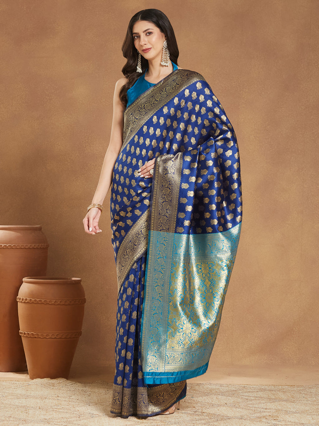Janasya Blue Silk Blend Ethnic Motifs Banarasi Jacquard Saree - Distacart