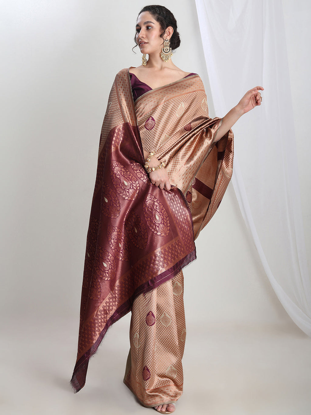 Janasya Beige Silk Blend Ethnic Printed Jacquard Saree - Distacart