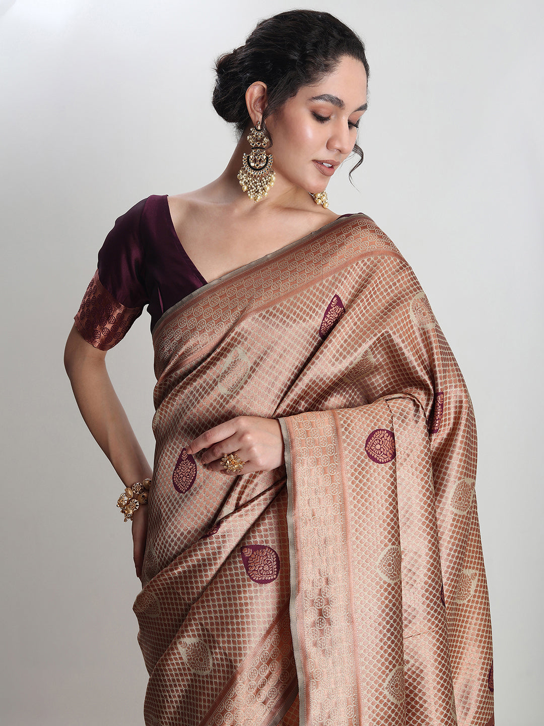 Janasya Beige Silk Blend Ethnic Printed Jacquard Saree - Distacart