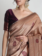 Janasya Beige Silk Blend Ethnic Printed Jacquard Saree - Distacart