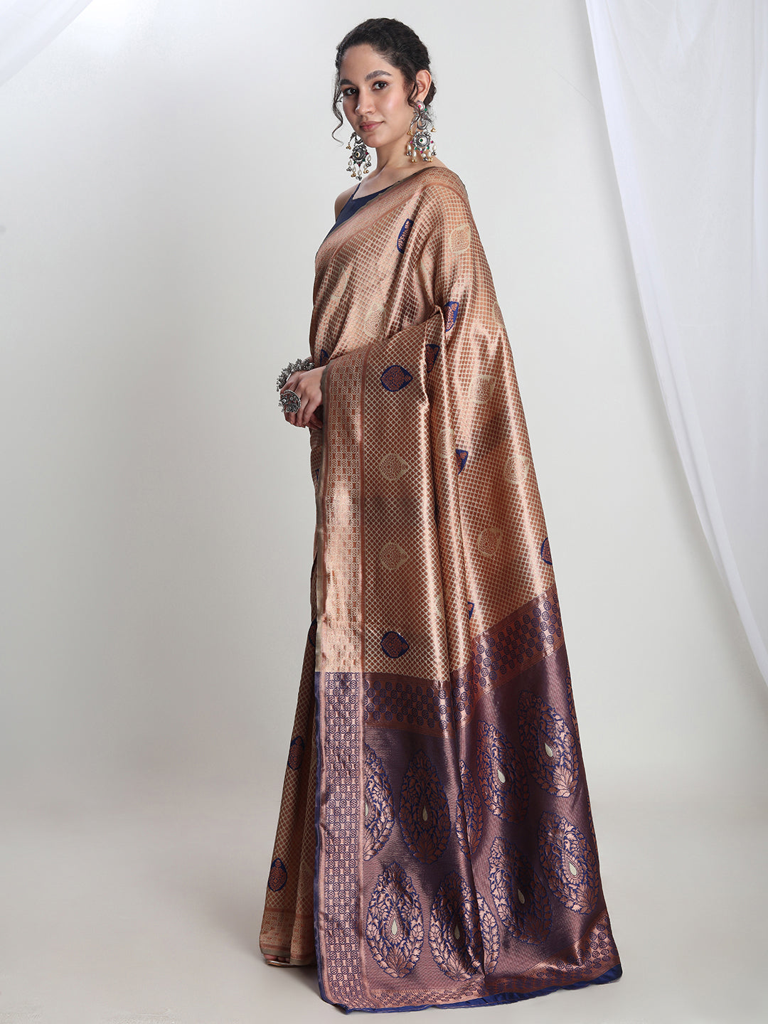 Janasya Beige Silk Blend Ethnic Printed Jacquard Saree - Distacart