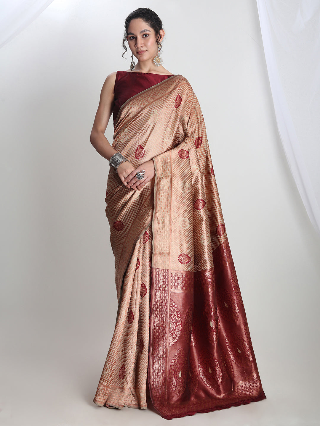 Janasya Beige Silk Blend Ethnic Printed Jacquard Saree - Distacart
