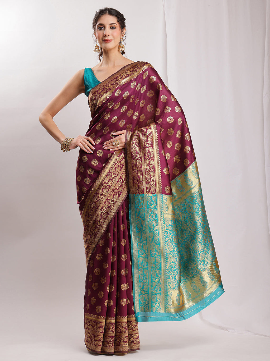 Janasya Purple Silk Blend Floral Jacquard Saree - Distacart