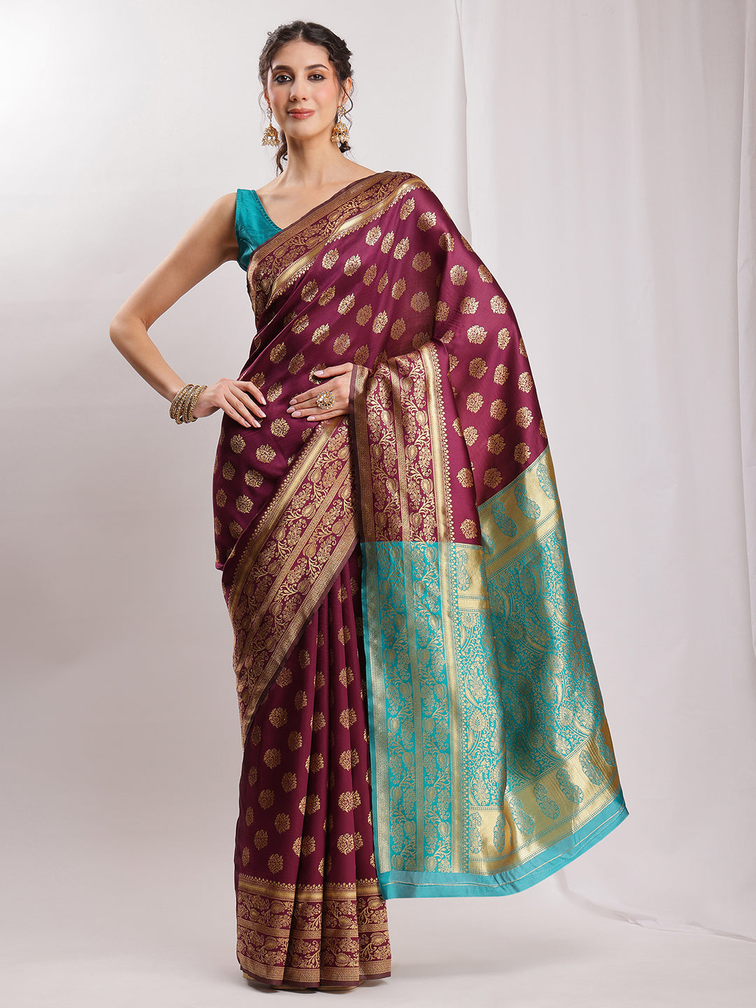 Janasya Purple Silk Blend Floral Jacquard Saree - Distacart