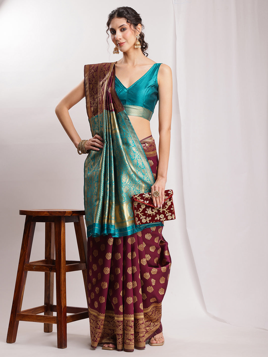 Janasya Purple Silk Blend Floral Jacquard Saree - Distacart