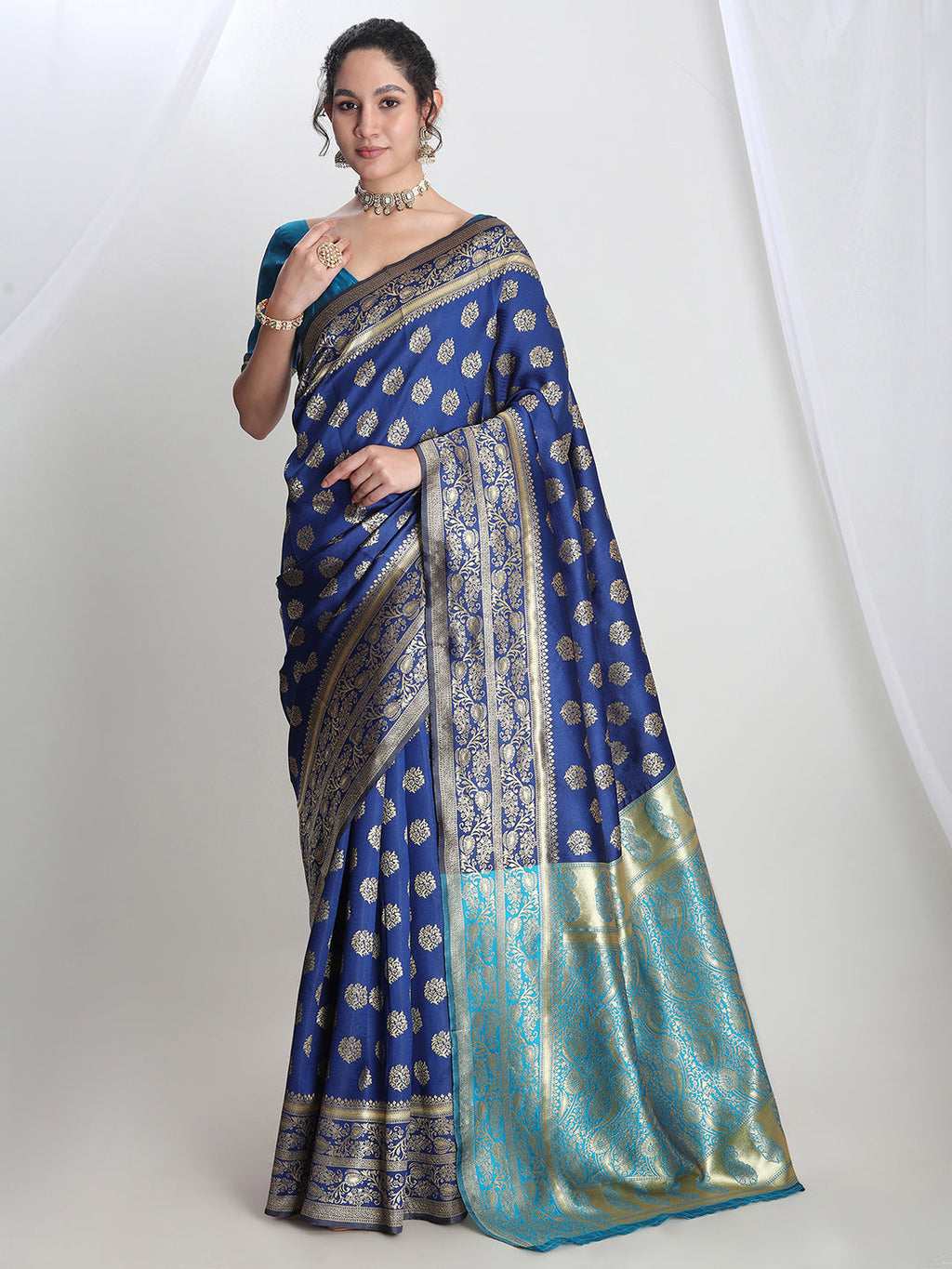 Janasya Blue Silk Blend Floral Jacquard Saree - Distacart
