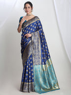 Janasya Blue Silk Blend Floral Jacquard Saree - Distacart