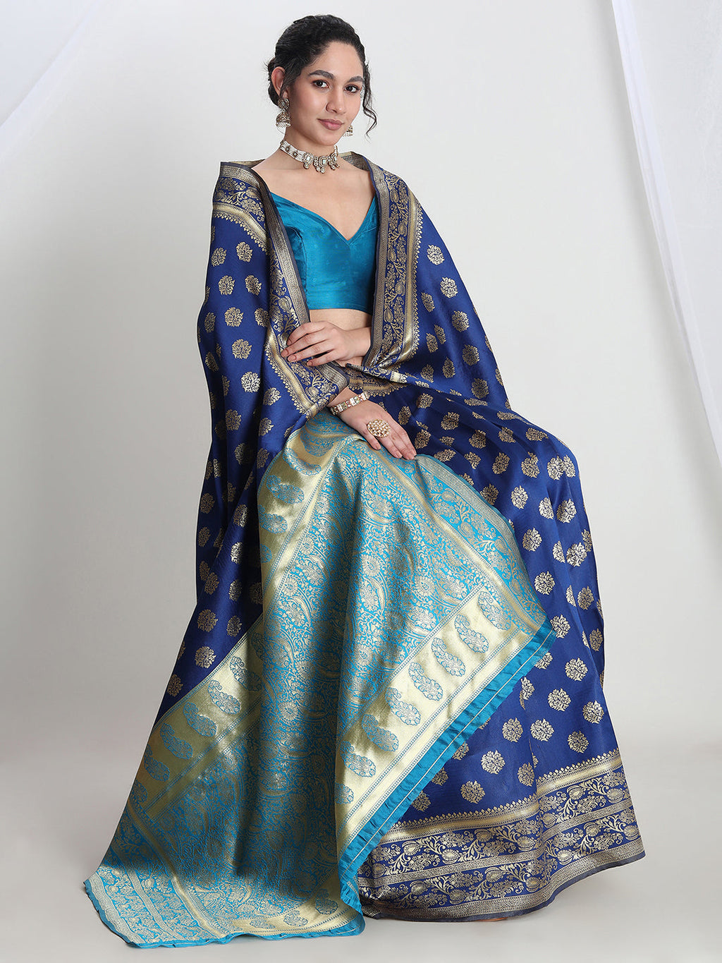 Janasya Blue Silk Blend Floral Jacquard Saree - Distacart
