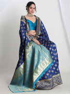 Janasya Blue Silk Blend Floral Jacquard Saree - Distacart
