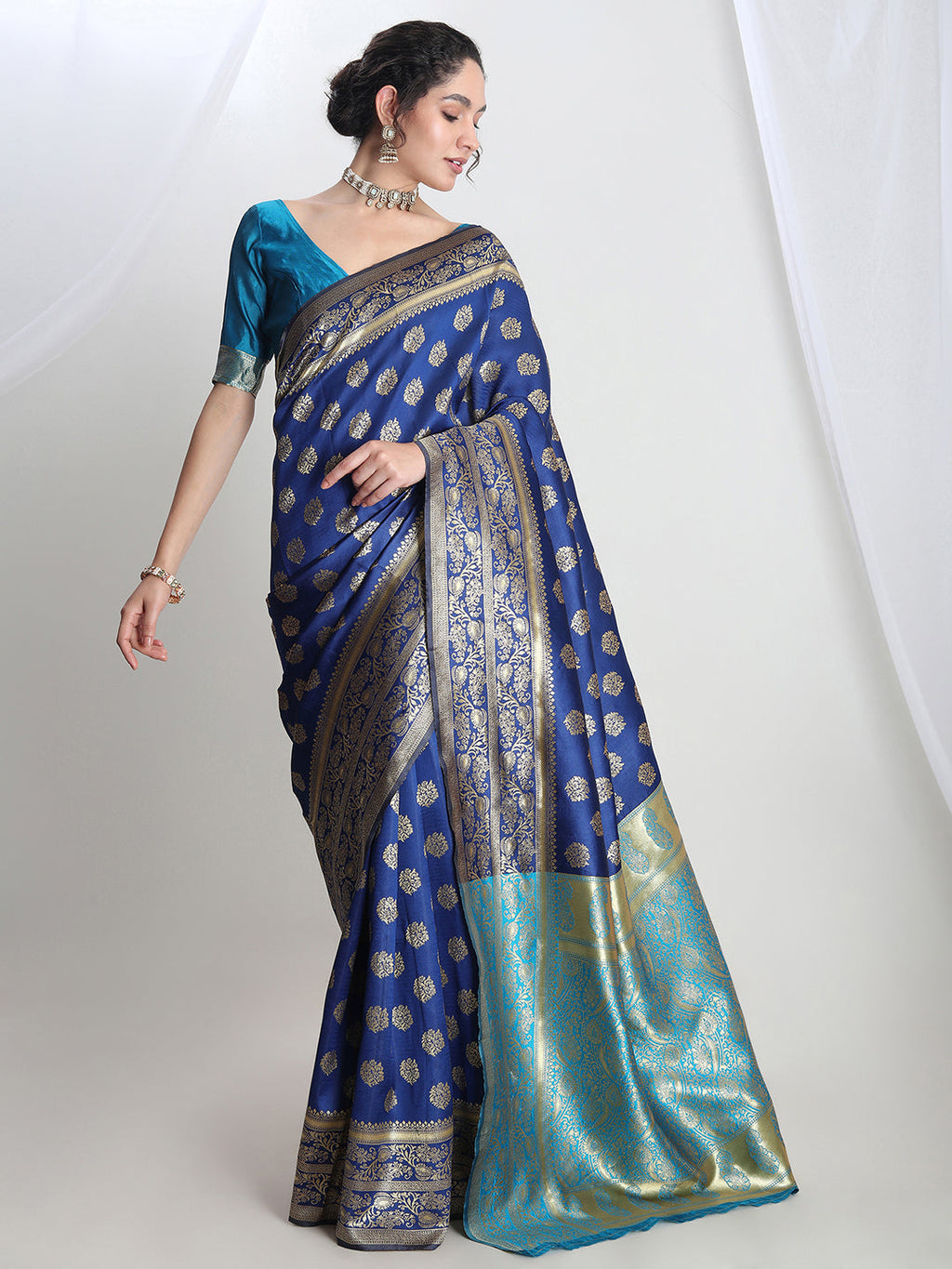 Janasya Blue Silk Blend Floral Jacquard Saree - Distacart