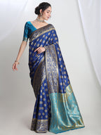 Janasya Blue Silk Blend Floral Jacquard Saree - Distacart
