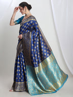 Janasya Blue Silk Blend Floral Jacquard Saree - Distacart