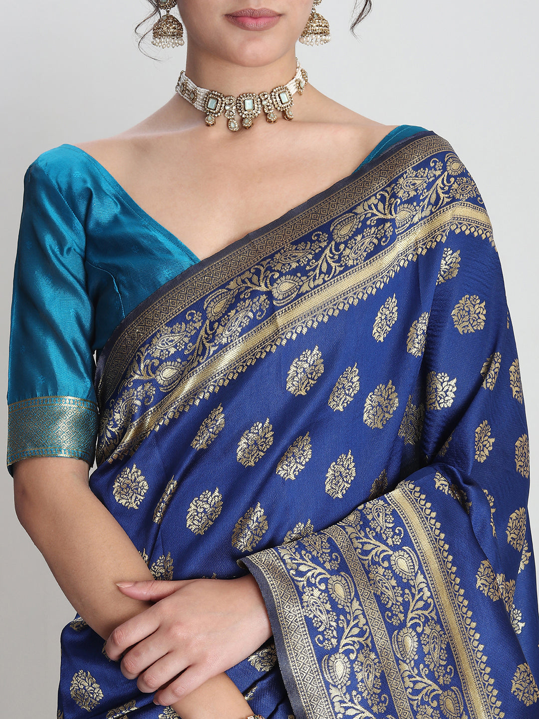 Janasya Blue Silk Blend Floral Jacquard Saree - Distacart