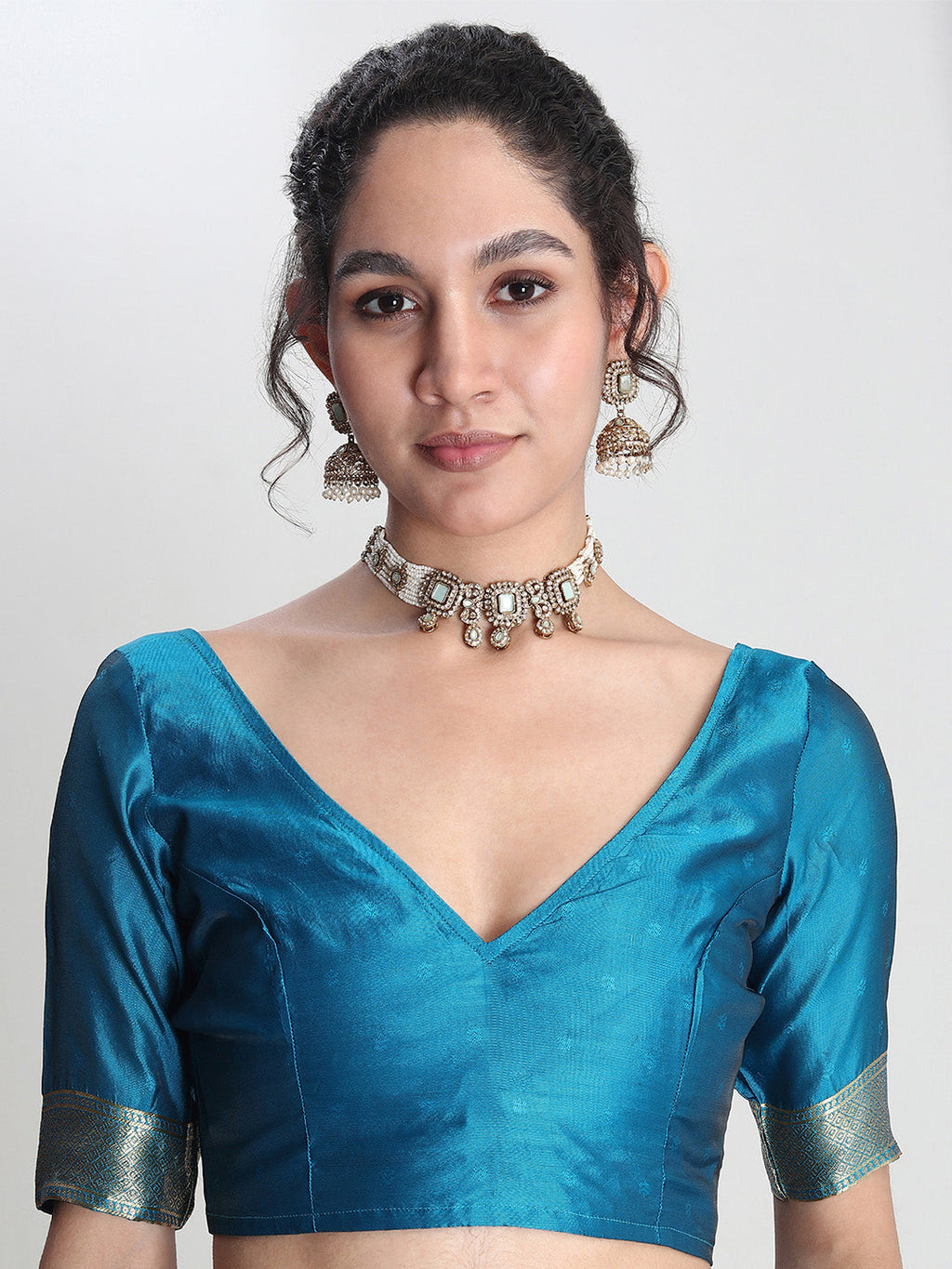 Janasya Blue Silk Blend Floral Jacquard Saree - Distacart