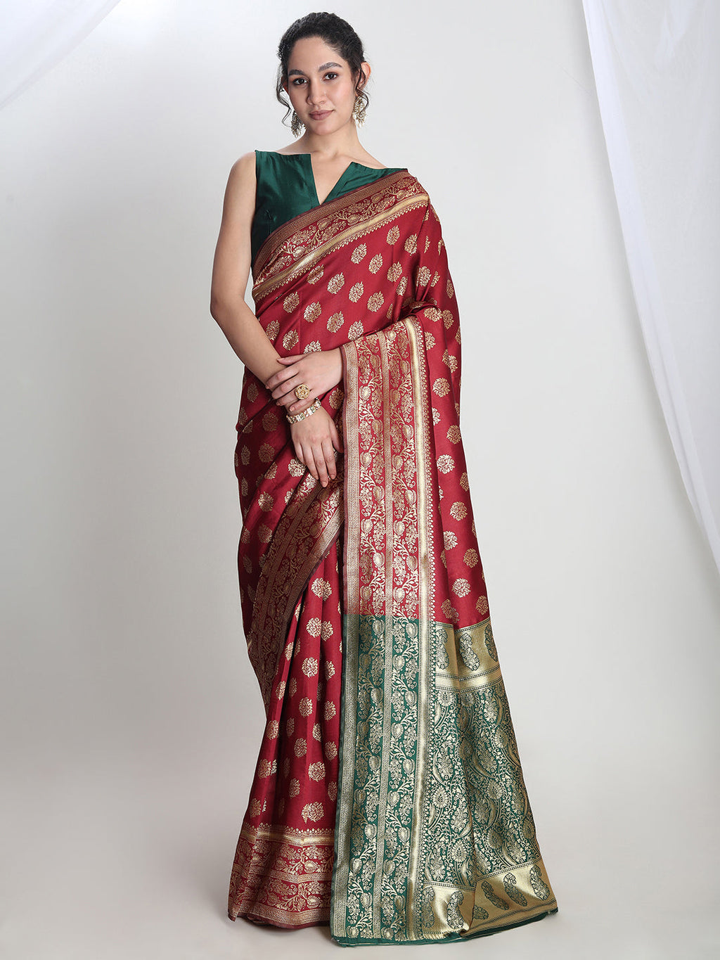 Janasya Maroon Silk Blend Floral Jacquard Saree - Distacart