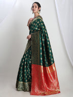 Janasya Green Silk Blend Floral Jacquard Saree - Distacart