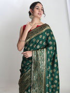 Janasya Green Silk Blend Floral Jacquard Saree - Distacart