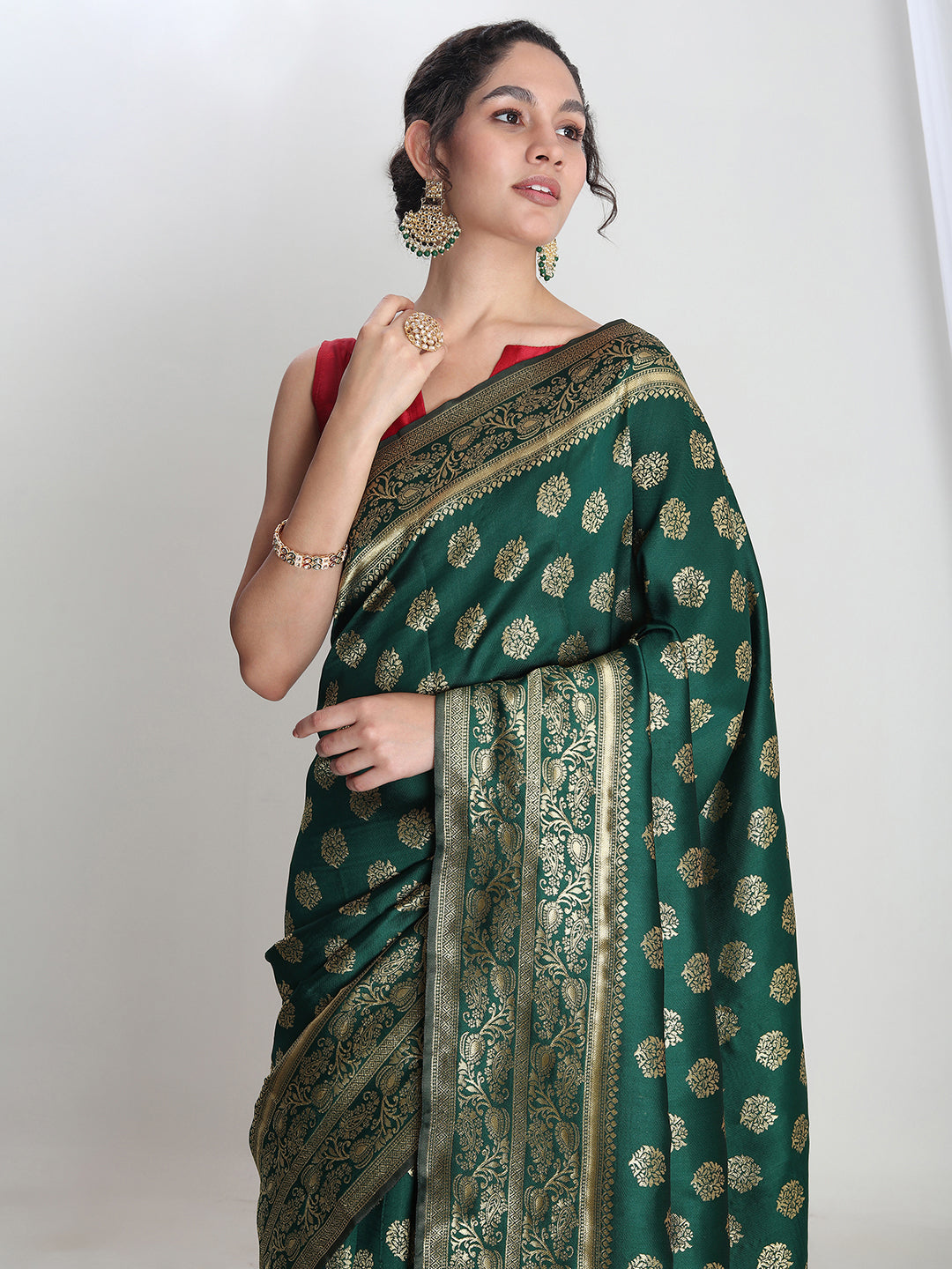 Janasya Green Silk Blend Floral Jacquard Saree - Distacart