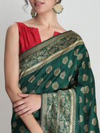 Janasya Green Silk Blend Floral Jacquard Saree - Distacart