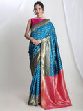 Janasya Teal Blue Silk Blend Ethnic Motifs Jacquard Saree - Distacart