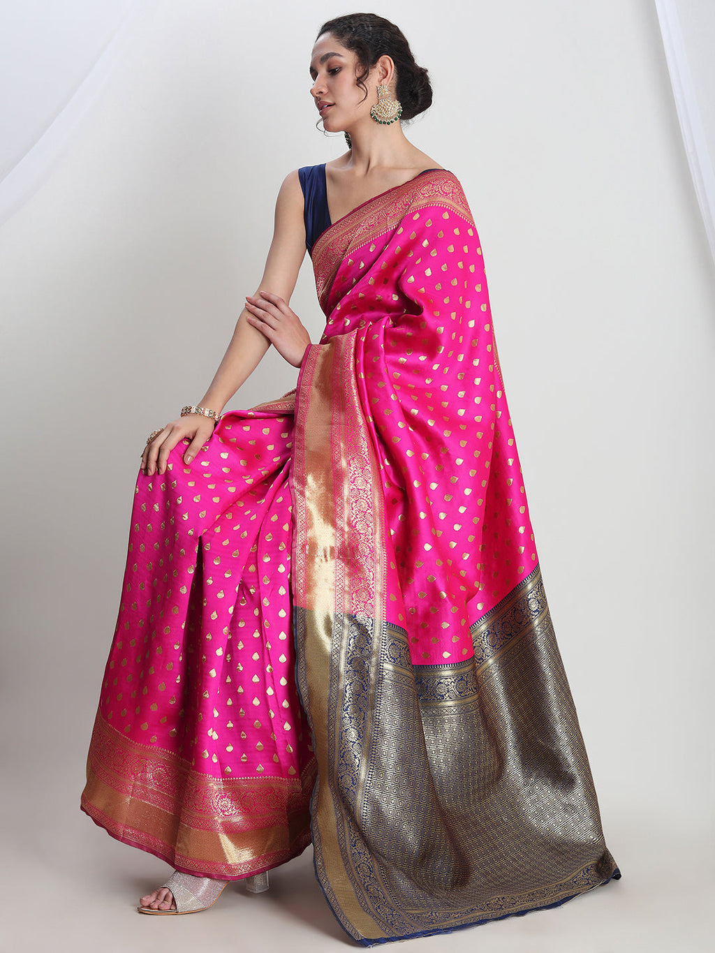 Janasya Pink Silk Blend Ethnic Motifs Jacquard Saree - Distacart